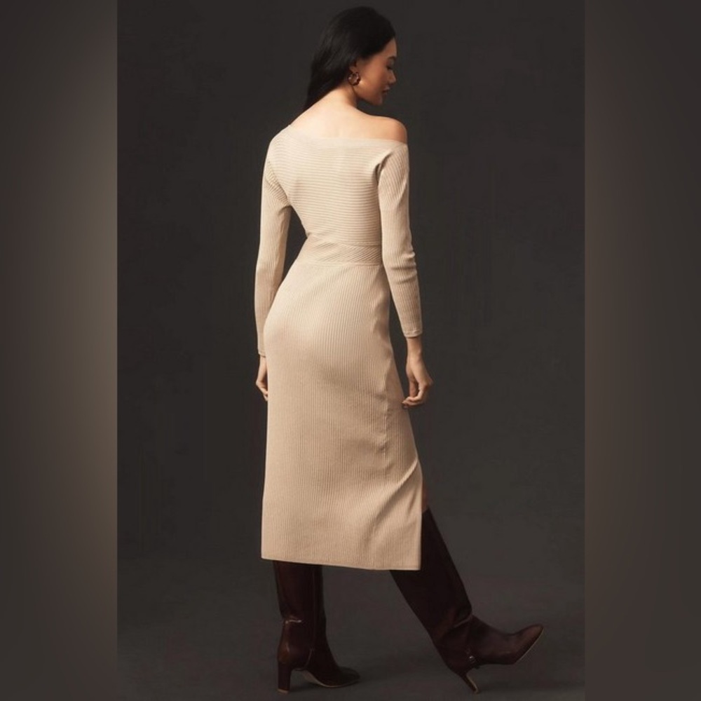 Anthropologie Petites Off-the-Shoulder Slim Knit Midi Dress Taupe Size SP - Picture 3 of 14